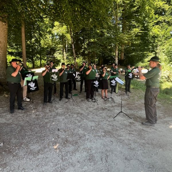 Eine Blaskapelle spielt Musik im Freien, umgeben von Bäumen im Wald. Musiker tragen grüne Hemden und schwarze Hosen. Vorne dirigiert eine Person die Gruppe. Banner sind rechts sichtbar.